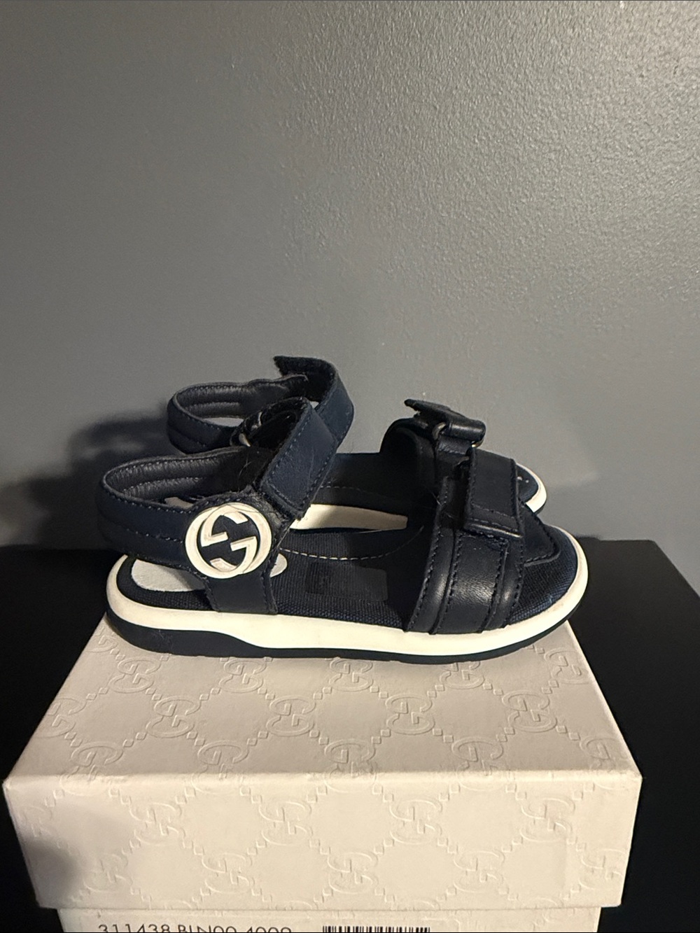 Gucci Navy and White Kids Logo Strap Sandals